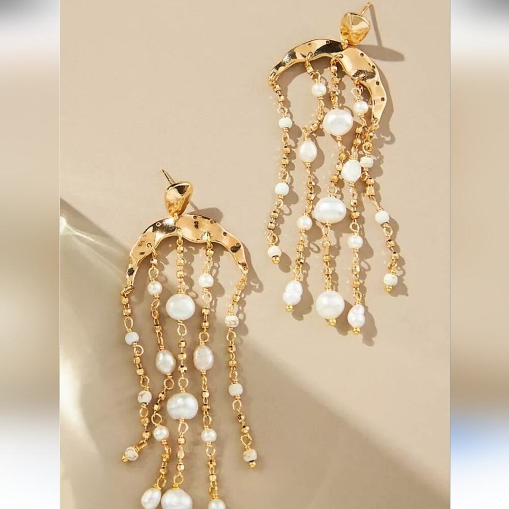 Anthropologie Floral Gold And Pearl Drop Earrings New with tags attached -